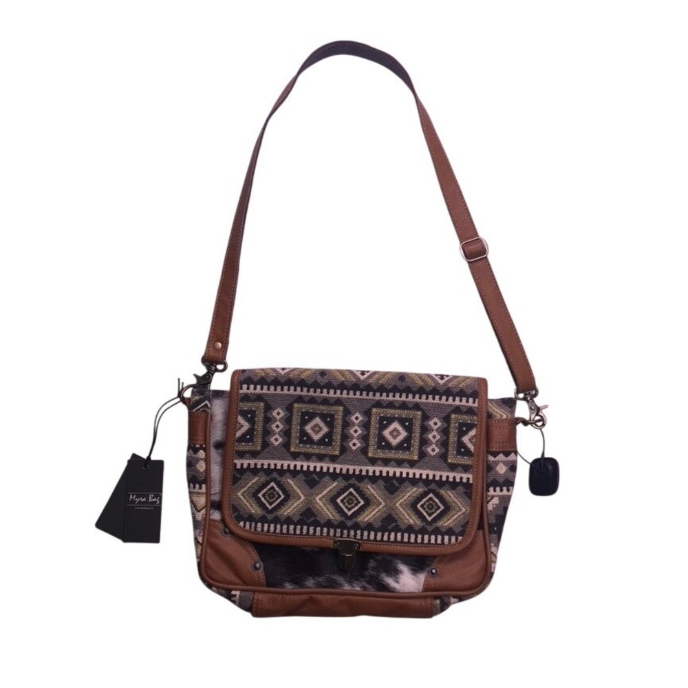 Myra Bag Crossbody Womens Medium Brown NEW Cowhide Canvas Upcycled Boho Aztec